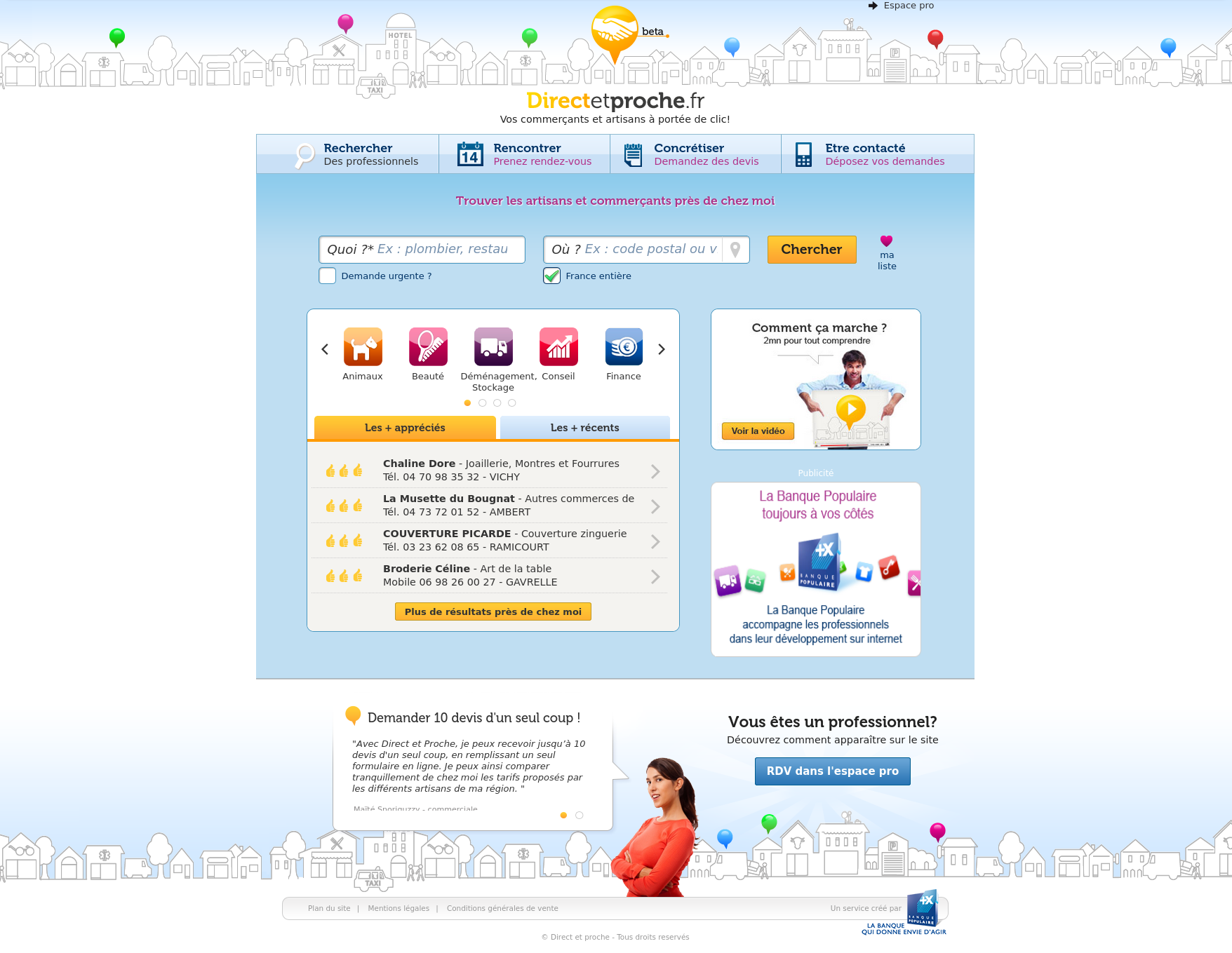 Interface de la plateforme Direct et Proche pour la création de sites professionnels